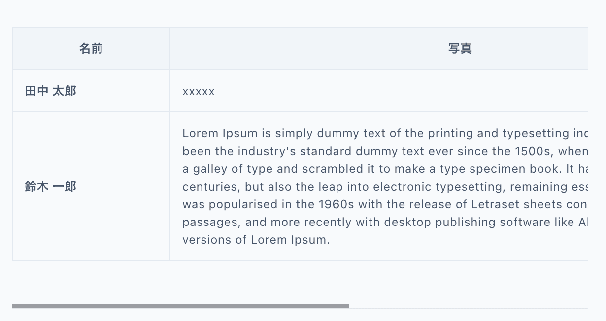 コンテンツが多い場合のテーブル